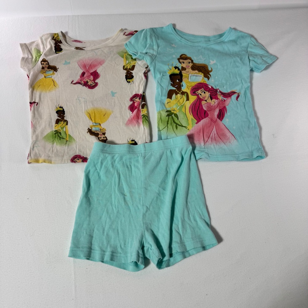 Disney Princess Girls Pajama Set Size 8 Ariel Belle Tiana 3pc Cotton Teal Cream